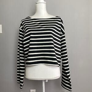 J.Crew Breton Stripe Cropped Top Black White Long Sleeve Cotton NWT L